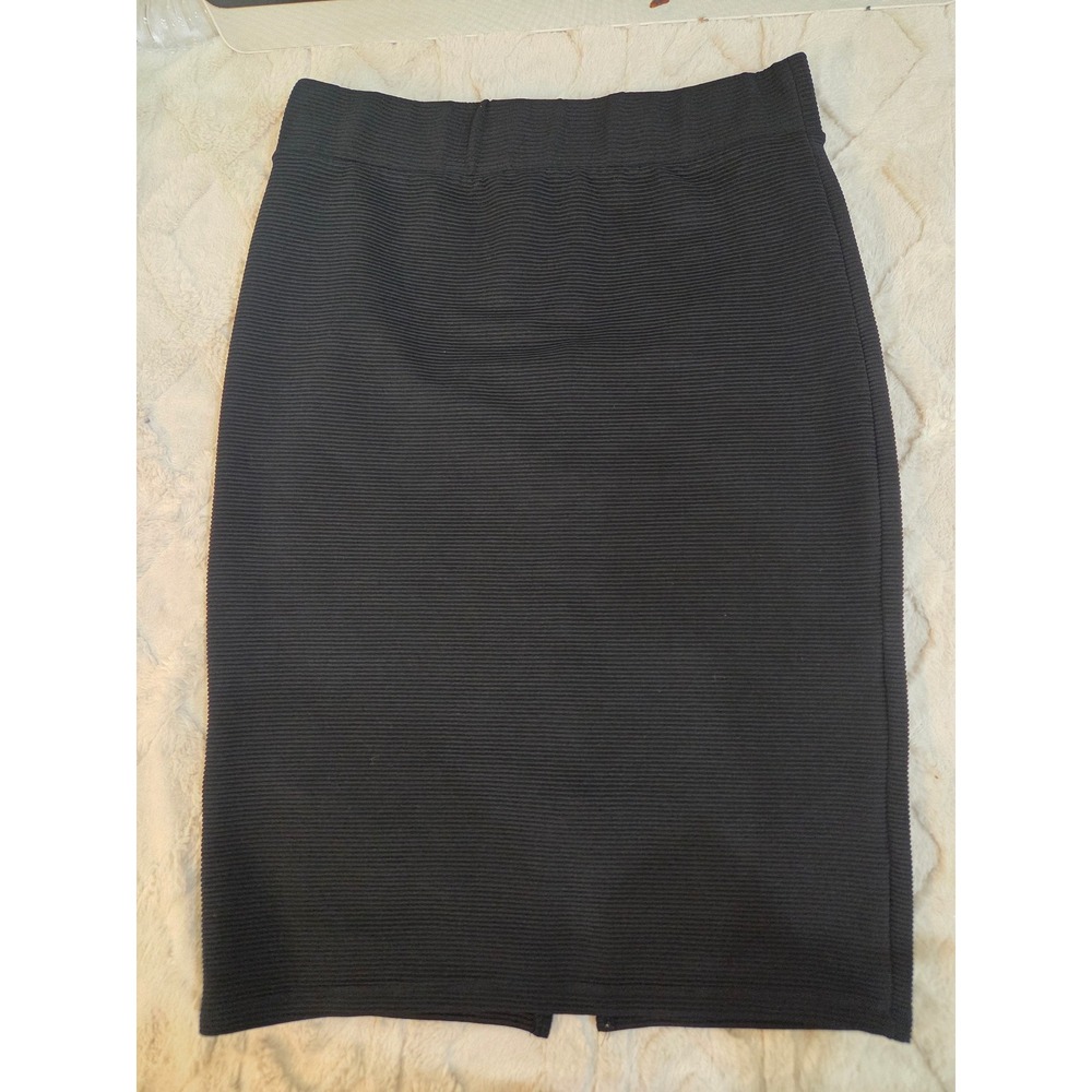 Y2K Fig & Blu Black Ribbed Pencil Skirt Elastic Waist Midi Stretch Vent Size M